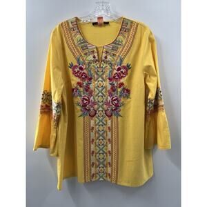 Calessa Women’s 3/4 Bell Sleeve Embroidered V Neck Yellow Tunic Size Medium